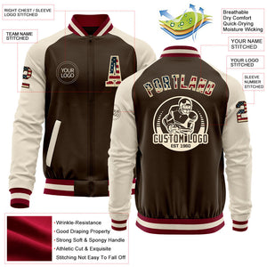 Custom Brown Vintage USA Flag Cream-Maroon Bomber Varsity Letterman Two Tone Zipper Jacket