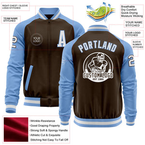 Custom Brown White-Light Blue Bomber Varsity Letterman Two Tone Zipper Jacket