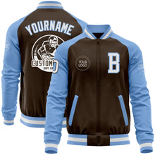 Load image into Gallery viewer, Custom Brown White-Light Blue Bomber Varsity Letterman Two Tone Zipper Jacket
