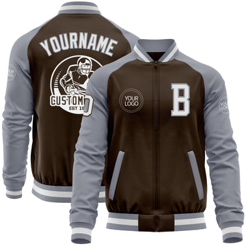 Custom Brown White-Gray Bomber Varsity Letterman Two Tone Zipper Jacket