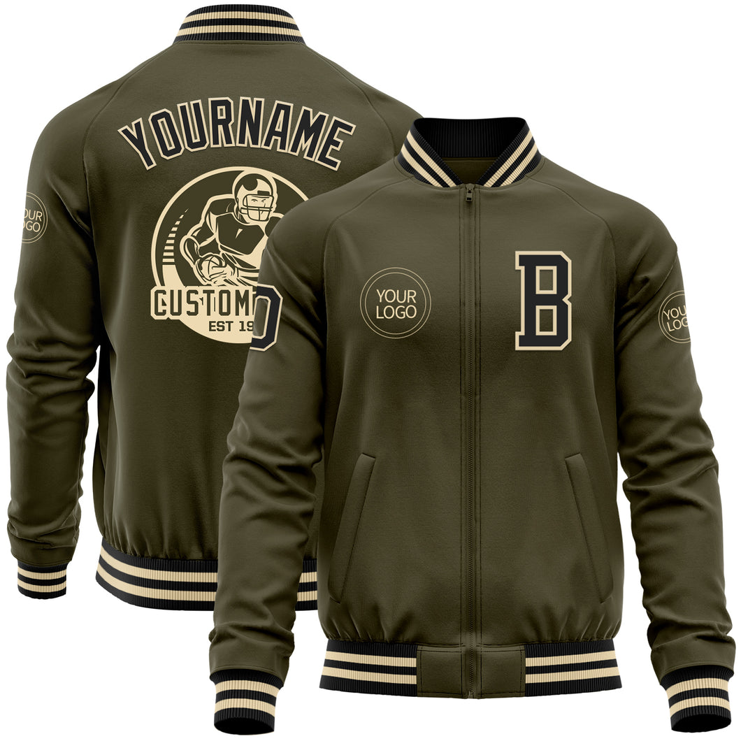 Custom Olive Black-Cream Bomber Varsity Letterman Salute To Service Zipper Jacket