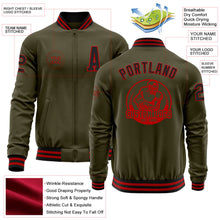 Load image into Gallery viewer, Custom Olive Black-Red Bomber Varsity Letterman Salute To Service Zipper Jacket
