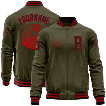 Custom Olive Black-Red Bomber Varsity Letterman Salute To Service Zipper Jacket