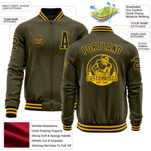 Load image into Gallery viewer, Custom Olive Black-Gold Bomber Varsity Letterman Salute To Service Zipper Jacket
