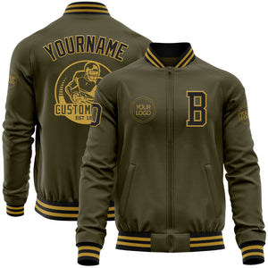 Custom Olive Black-Old Gold Bomber Varsity Letterman Salute To Service Zipper Jacket