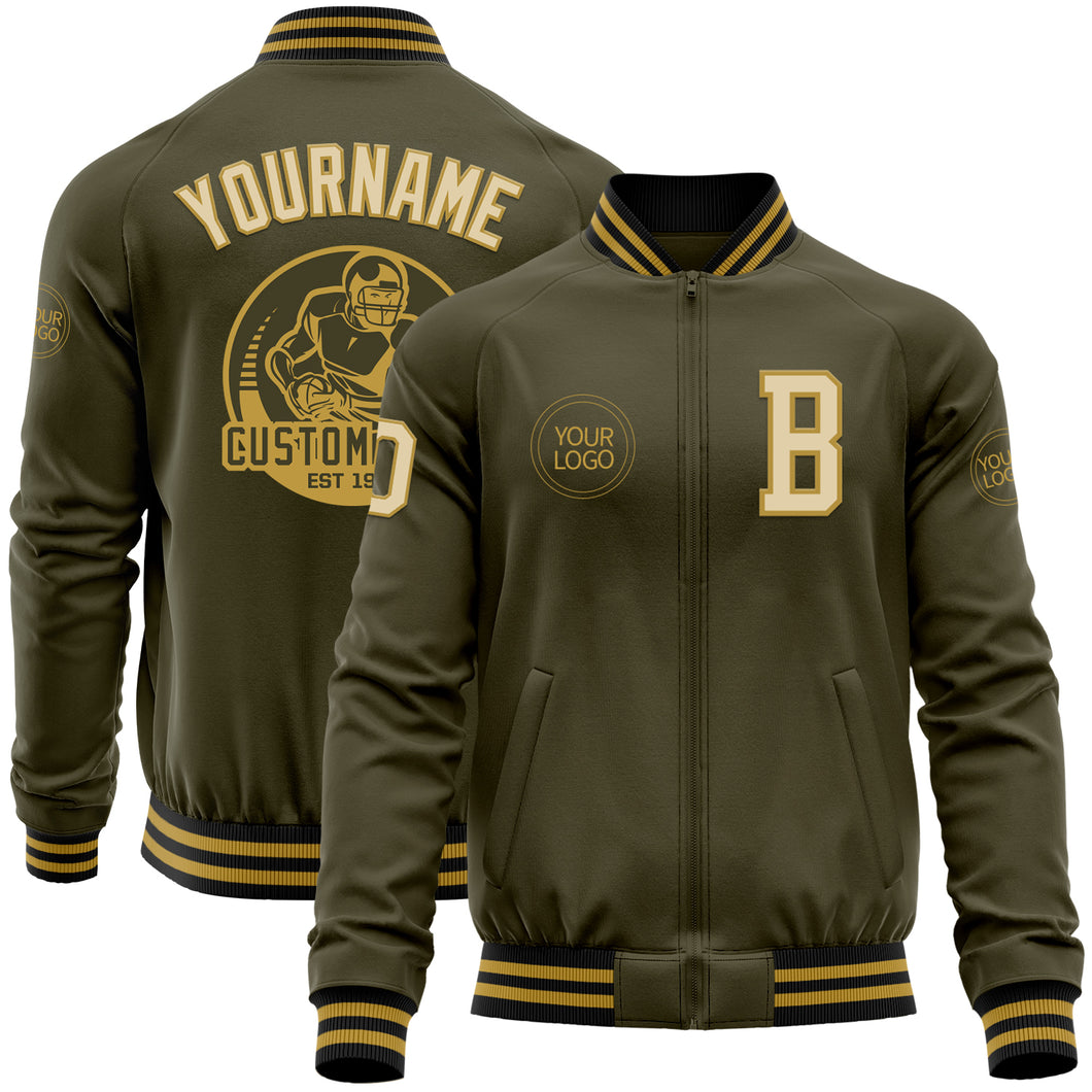 Custom Olive Cream Old Gold-Black Bomber Varsity Letterman Salute To Service Zipper Jacket