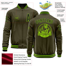 Load image into Gallery viewer, Custom Olive Black-Neon Green Bomber Varsity Letterman Salute To Service Zipper Jacket
