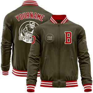 Custom Olive Red-White Bomber Varsity Letterman Salute To Service Zipper Jacket