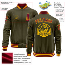 Load image into Gallery viewer, Custom Olive Crimson-Gold Bomber Varsity Letterman Salute To Service Zipper Jacket
