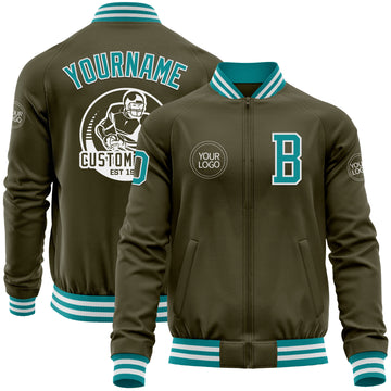 Custom Olive Teal-White Bomber Varsity Letterman Salute To Service Zipper Jacket