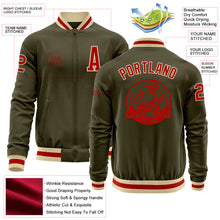 Load image into Gallery viewer, Custom Olive Red-Cream Bomber Varsity Letterman Salute To Service Zipper Jacket
