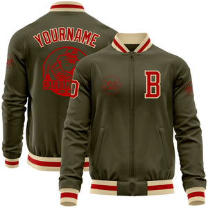 Custom Olive Red-Cream Bomber Varsity Letterman Salute To Service Zipper Jacket