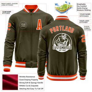 Custom Olive Orange-White Bomber Varsity Letterman Salute To Service Zipper Jacket