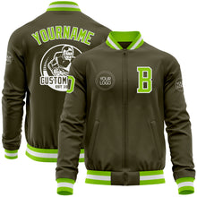 Load image into Gallery viewer, Custom Olive Neon Green-White Bomber Varsity Letterman Salute To Service Zipper Jacket
