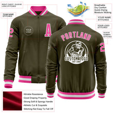 Load image into Gallery viewer, Custom Olive Pink-White Bomber Varsity Letterman Salute To Service Zipper Jacket
