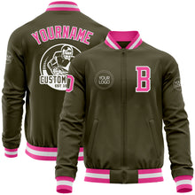 Load image into Gallery viewer, Custom Olive Pink-White Bomber Varsity Letterman Salute To Service Zipper Jacket
