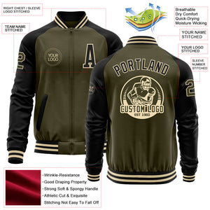 Custom Olive Black-Cream Bomber Varsity Letterman Two Tone Salute To Service Zipper Jacket