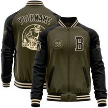 Load image into Gallery viewer, Custom Olive Black-Cream Bomber Varsity Letterman Two Tone Salute To Service Zipper Jacket
