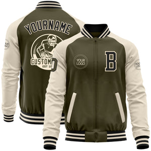 Custom Olive Black-Cream Bomber Varsity Letterman Two Tone Salute To Service Zipper Jacket