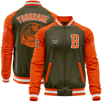 Custom Olive White-Orange Bomber Varsity Letterman Two Tone Salute To Service Zipper Jacket