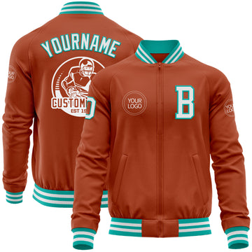 Custom Texas Orange White-Aqua Bomber Varsity Letterman Zipper Jacket