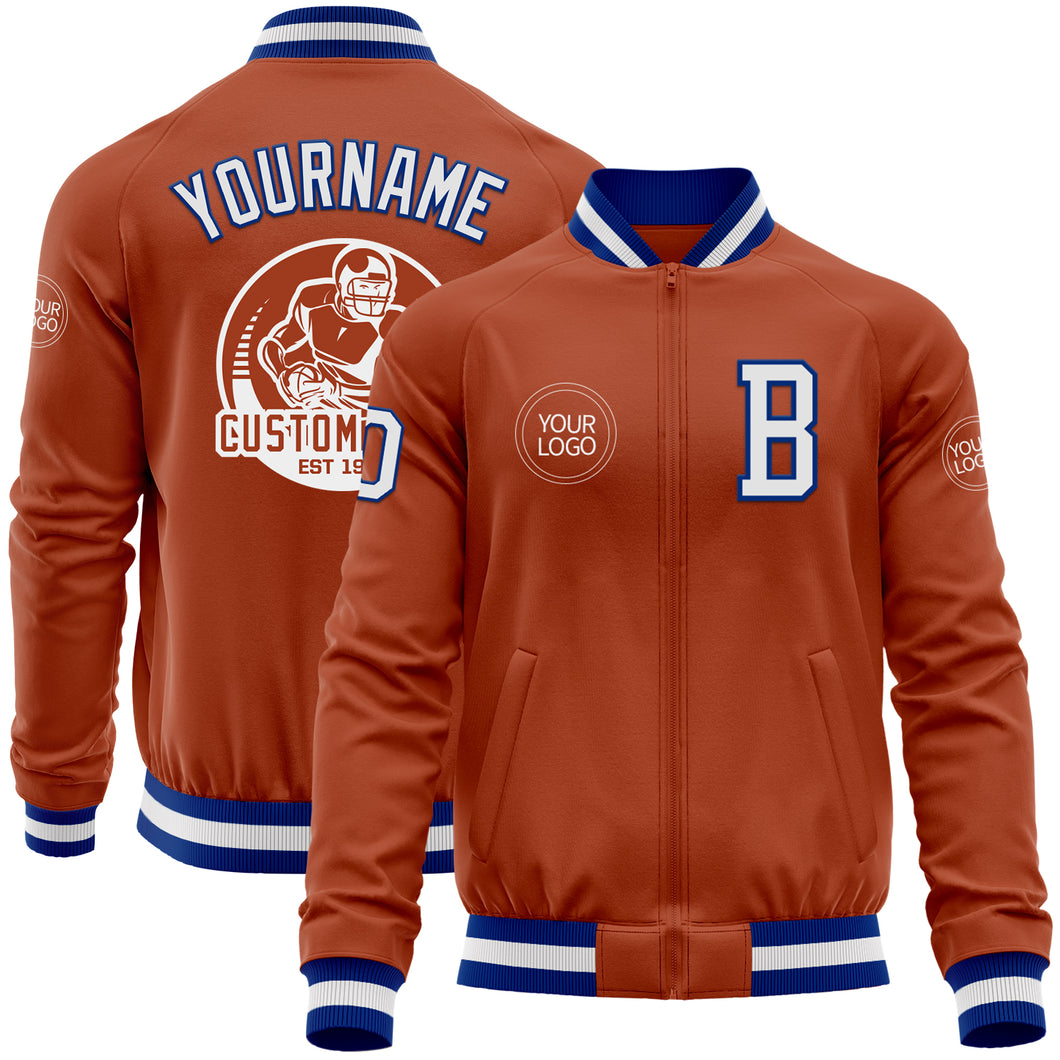 Custom Texas Orange White-Royal Bomber Varsity Letterman Zipper Jacket