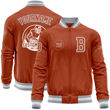 Custom Texas Orange White-Gray Bomber Varsity Letterman Zipper Jacket