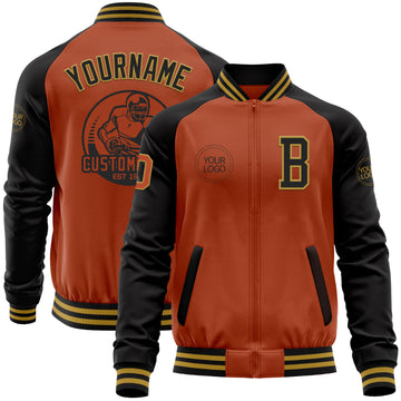 Custom Texas Orange Old Gold-Black Bomber Varsity Letterman Two Tone Zipper Jacket