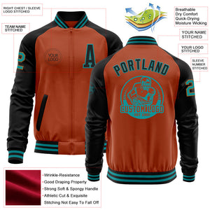 Custom Texas Orange Teal-Black Bomber Varsity Letterman Two Tone Zipper Jacket