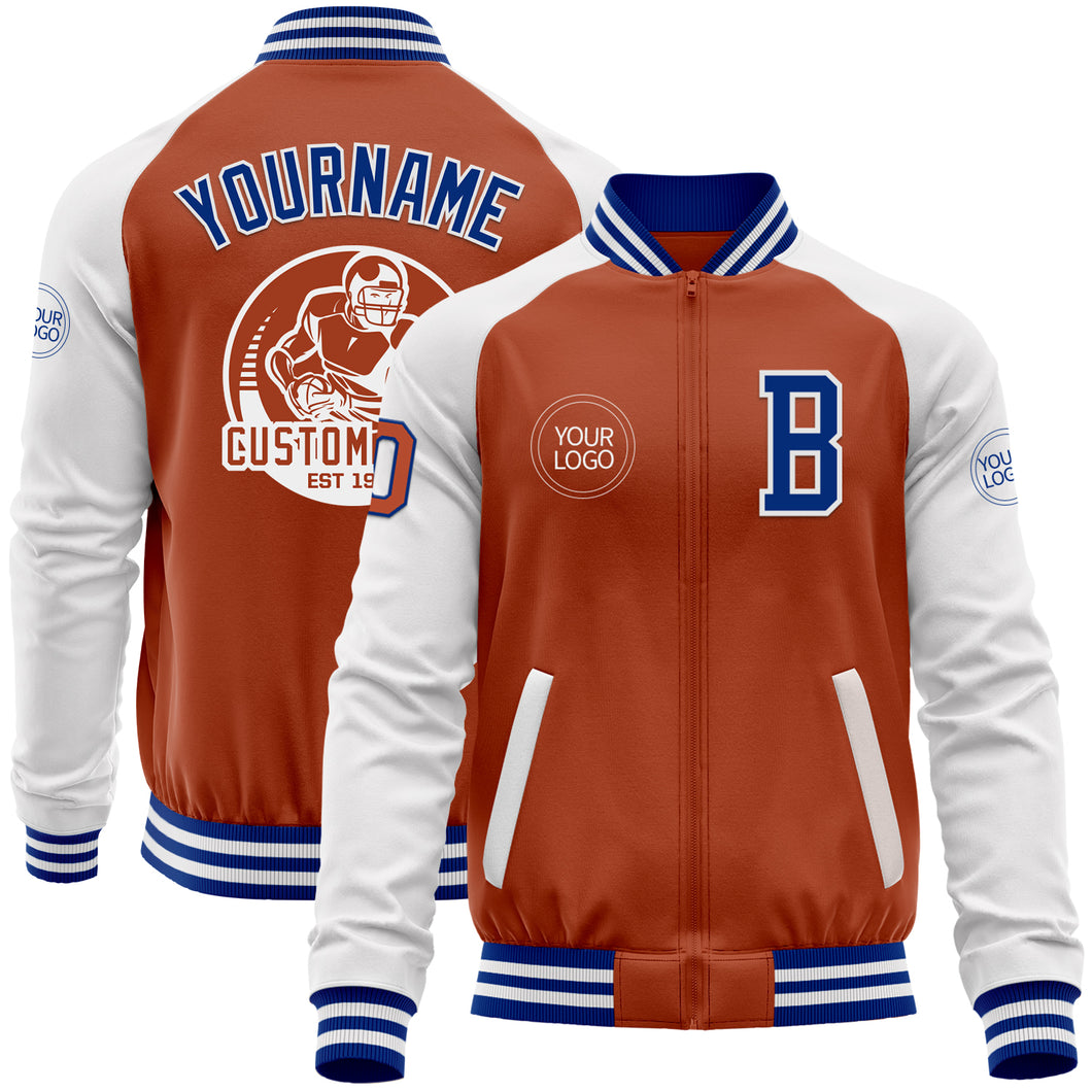 Custom Texas Orange Royal-White Bomber Varsity Letterman Two Tone Zipper Jacket