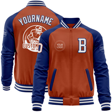 Custom Texas Orange White-Royal Bomber Varsity Letterman Two Tone Zipper Jacket