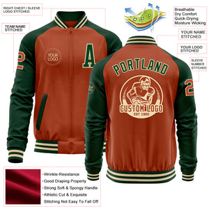 Custom Texas Orange Cream-Green Bomber Varsity Letterman Two Tone Zipper Jacket