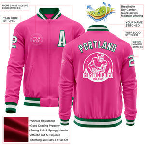 Custom Pink White-Kelly Green Bomber Varsity Letterman Zipper Jacket