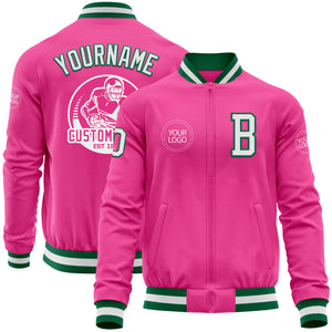 Custom Pink White-Kelly Green Bomber Varsity Letterman Zipper Jacket