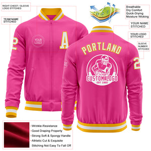 Custom Pink White-Gold Bomber Varsity Letterman Zipper Jacket