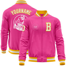 Load image into Gallery viewer, Custom Pink White-Gold Bomber Varsity Letterman Zipper Jacket
