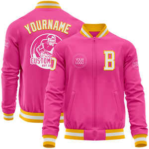 Custom Pink White-Gold Bomber Varsity Letterman Zipper Jacket