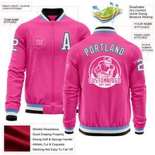 Load image into Gallery viewer, Custom Pink Black-Light Blue Bomber Varsity Letterman Zipper Jacket
