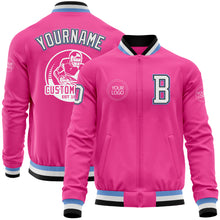 Load image into Gallery viewer, Custom Pink Black-Light Blue Bomber Varsity Letterman Zipper Jacket
