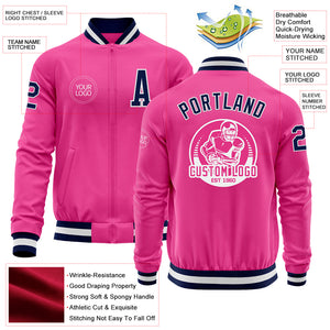 Custom Pink Navy-White Bomber Varsity Letterman Zipper Jacket