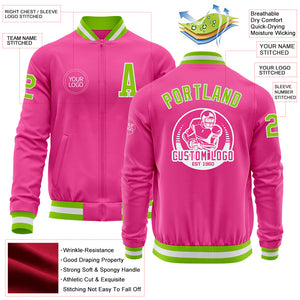 Custom Pink Neon Green-White Bomber Varsity Letterman Zipper Jacket