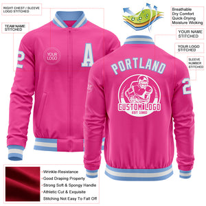 Custom Pink White-Light Blue Bomber Varsity Letterman Zipper Jacket