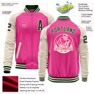 Custom Pink Green-Cream Bomber Varsity Letterman Two Tone Zipper Jacket