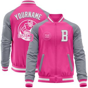 Custom Pink White-Gray Bomber Varsity Letterman Two Tone Zipper Jacket