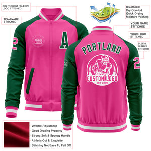 Custom Pink White-Kelly Green Bomber Varsity Letterman Two Tone Zipper Jacket