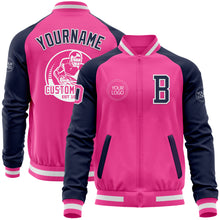 Load image into Gallery viewer, Custom Pink White-Navy Bomber Varsity Letterman Two Tone Zipper Jacket
