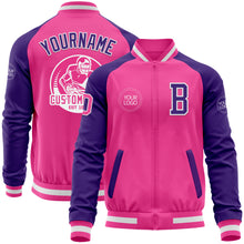 Load image into Gallery viewer, Custom Pink White-Purple Bomber Varsity Letterman Two Tone Zipper Jacket
