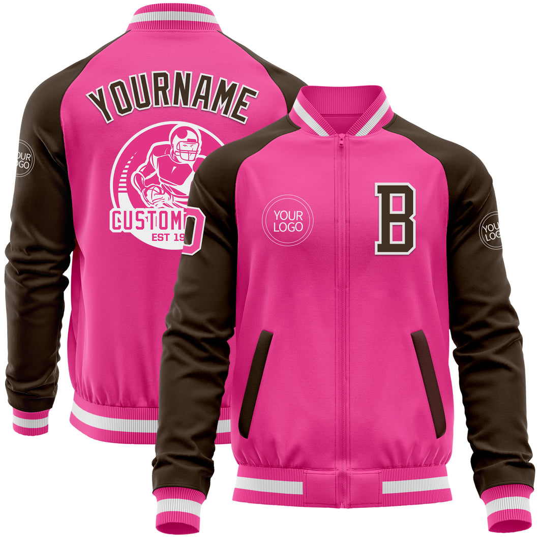 Custom Pink White-Brown Bomber Varsity Letterman Two Tone Zipper Jacket