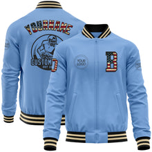 Load image into Gallery viewer, Custom Light Blue Vintage USA Flag Black-Cream Bomber Varsity Letterman Zipper Jacket
