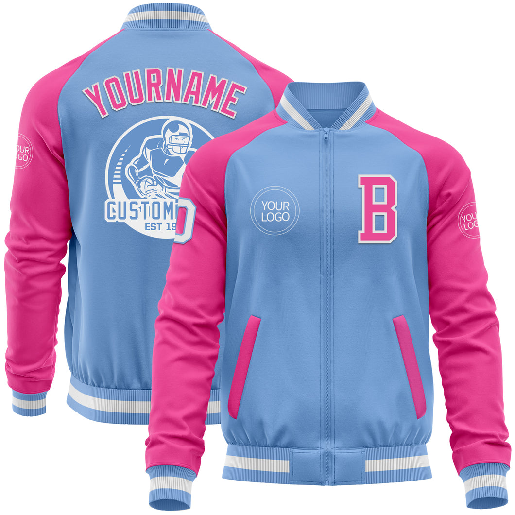 Custom Light Blue White-Pink Bomber Varsity Letterman Two Tone Zipper Jacket